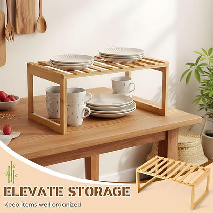 2 Pcs Kitchen Cabinet Organizer Bamboo Bookshelf Bamboo Kitchen Shelves, Cabinet Shelf Organizer, Storage Shelves for Pantry Bathroom Dining Room Study Laundry