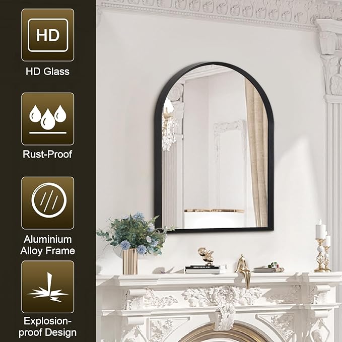 Arch Bathroom Mirror, Wall Mounted Mirror, Black Vanity Wall Mirror Metal Frame Home Decor for Bedroom, Entryway, Living Room 20"x16"