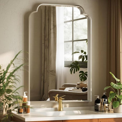 GLSLAND 24"x36" Petal Arch Bathroom Mirror – Modern Metal Frame Vanity Mirror with Scalloped Edge for Over Sink, Bedroom, Living Room, Entryway, Non-Rusting Decorative Wall Mirror, Silver