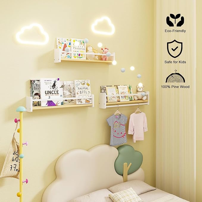 Nursery Floating Bookshelf for Kids, Wall Mounted Kids Book Shelf with Toy Storage, Pine Wood Nursery Shelves for Playroom, Bedroom, Toddler Room, Set of 3 (Pine & White, 23.6 Inches)