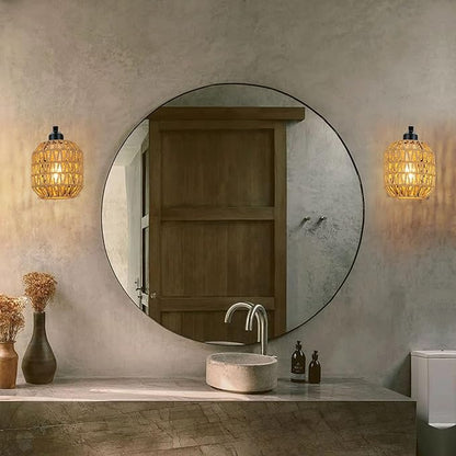 lobolighting Boho Rattan Wall Sconces Set of Two Hardwired Hand-Woven Farmhouse Wall Lamps Indoor Rustic Wall Mount Light Fixtures for Bedroom Living Room Nursery Hallway (Bulbs Not Included)