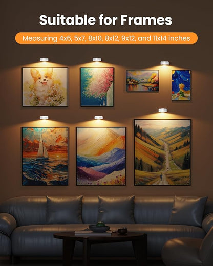 Picture Lights for Wall,Wireless 2000mAh Rechargeable Magnetic LED Puck Lights with Remote,3 Color Temps and 12 RGB,Dimming & Timer,Art Frame Light for Painting Display,Photos,Wall Decor(6 Pack)
