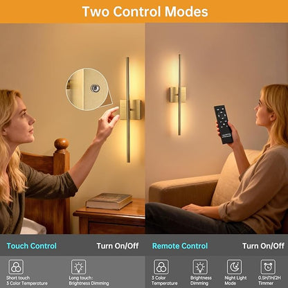 Battery Operated Wall Sconce Set of 2, 8000mAh Wireless Wall Sconces, 3000K-6000K Dimmable, 350°Rotate, Indoor Wall Lights for Bedroom Living Room Bathroom, Gold, 23.6 Inch