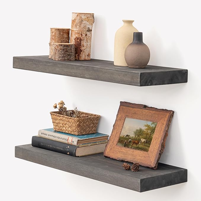 Marsmiles Wood Floating Shelves for Wall - 24 Inch Grey Wood Floating Shelves Set of 2-24 Inch Wide x 7.7 Inch Deep x 1.6 Inch Thick Rustic Wooden Shelves for Room Wall