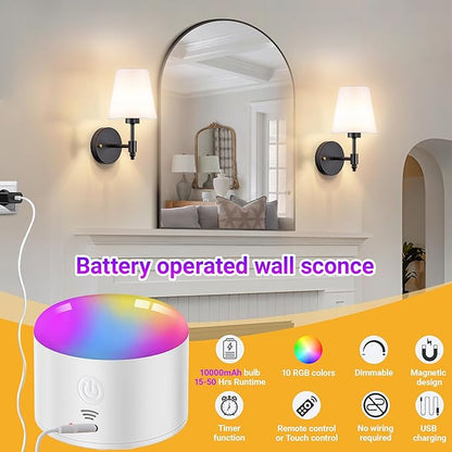 Battery Operated Wall Sconces Set of Two, Rechargeable Wireless Wall Lights with 10000mAh RGB Dimmable Detachable Bulb, Battery Sconces Wall Decor with Remote for Bedroom Living Room Hallway