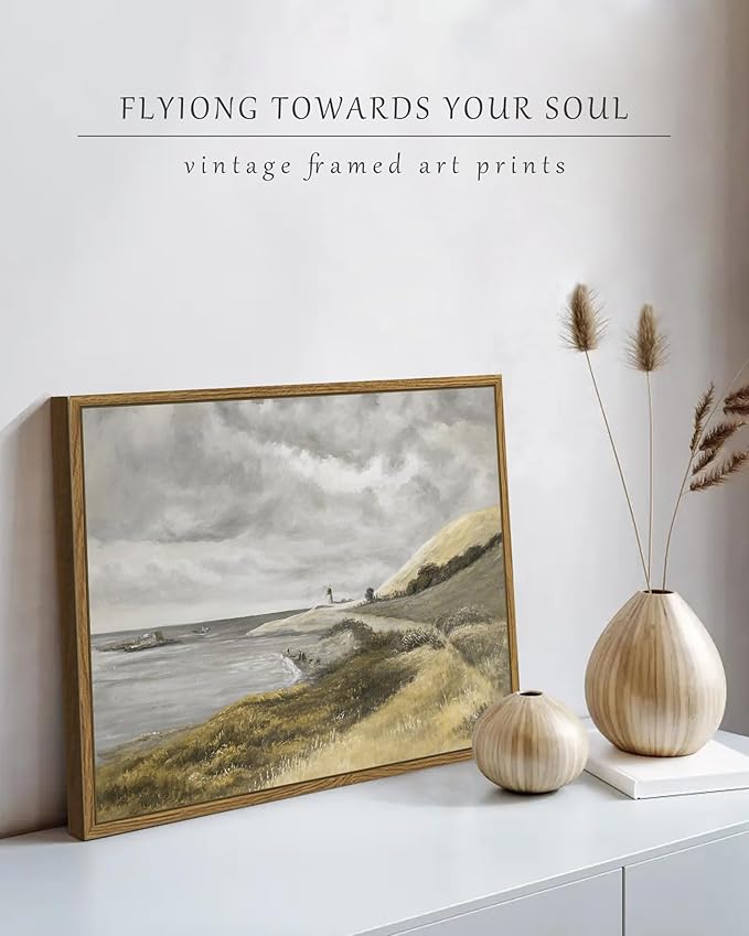 SHENIFY Coastal Framed Canvas Wall Art Vintage Landscape Seascape Classic Bathroom Kitchen Office Decor - 11x14in Natural Framed