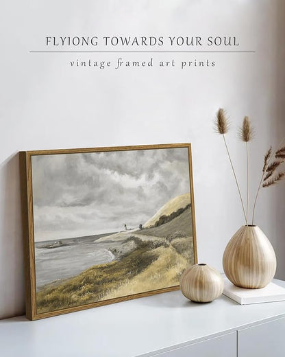 SHENIFY Coastal Framed Canvas Wall Art Vintage Landscape Seascape Classic Bathroom Kitchen Office Decor - 11x14in Natural Framed