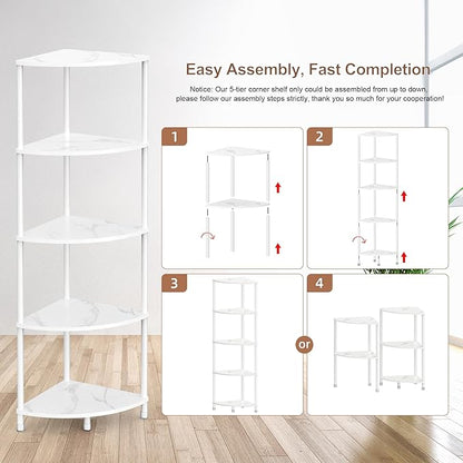 5 Tier Corner Shelf Stand, 44.1" Kitchen Shelf Organizer with Metal Frame, Small Corner Shelf for Bathroom Organization & Storage, Marble White Corner Shelf for Kitchen Decor Accessories