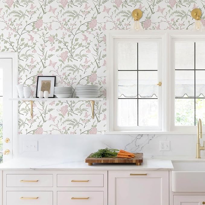 Floral Wallpaper Pink/Green Wallpaper Vintage Peel and Stick Wall Paper Boho Botanical Contact Paper for Cabinets Bird Butterfly Renter Friendly Self-Adhesive Bathroom Bedroom 78.7