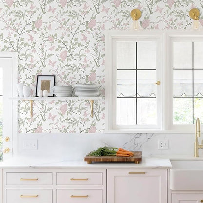 Floral Wallpaper Pink/Green Wallpaper Vintage Peel and Stick Wall Paper Boho Botanical Contact Paper for Cabinets Bird Butterfly Renter Friendly Self-Adhesive Bathroom Bedroom 393"×17.3"