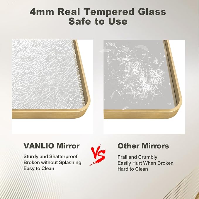 28x36 Gold Framed Bathroom Mirror, Brushed Gold Metal Vanity Mirror, Rectangle Modern Mirror for Wall, Rounded Corner, Tempered Glass, Anti-Rust, Shatterproof, Hangs Horizontally or Vertically