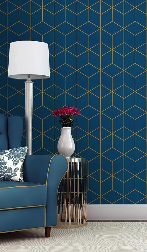 Safiyya Peel and Stick Wallpaper Gold and Blue Wallpaper Modern Geometric Contact Paper Waterproof Self Adhesive Wall Paper for Bedroom Bathroom Vinyl Roll 393