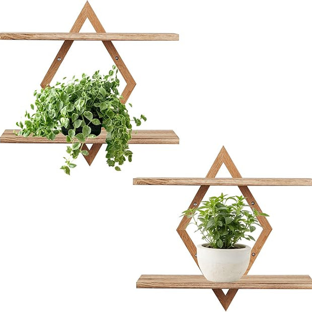 Floating Shelves for Wall,Decorative Wall Shelf,2 Tier Hanging Shelf for Plants Storage Display Holder,Indoor Decor for Living Room Home Office Bathroom Bedroom,Solid Wood,Diamond Shaped,2 Pack