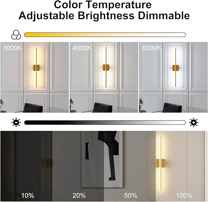 Shineled Wall Sconces Set of 2, 29'' Battery Wall Sconce with Remote Control, 350° Gold Rotatable Dimmable Wall Lamp, Wireless Wall Lights for Bedroom, Living Room