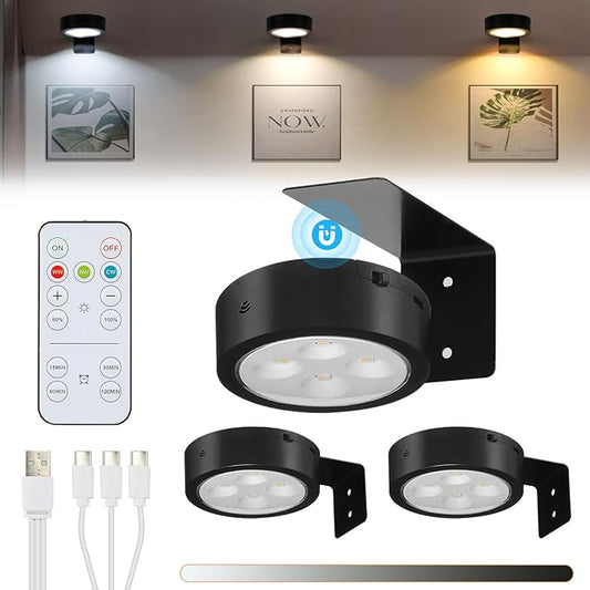 3Pcs Rechargeable Battery Picture Light,Wall Lights for Pictures with Remote Dimmable and Timer,3 Lighting Modes Magnetic Art Display Light for Paintings Battery Operated-Black