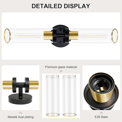 Wall Sconces Set of Two, Black and Gold Bathroom Wall Sconces with Clear Glass,Hardwired Modern Sconces Wall Decor Set of 2 Wall Light for Bathroom Mirror Bedroom Living Room Hallway Vanity