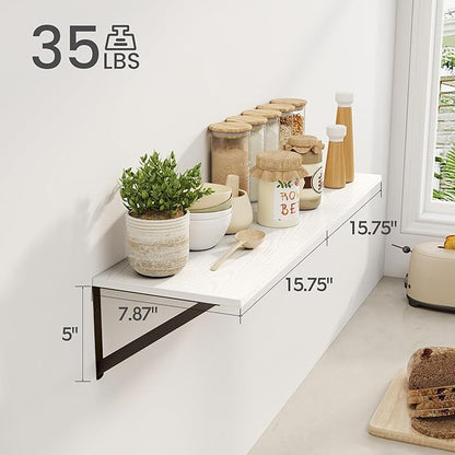 Heimlove White Deep Floating Shelves for Wall, 16W x 8D Wood Wall Shelves Set of 2, Wide Floating Bookshelf for Living Room, Kitchen, Office, Bedroom and Decor Storage, with Black Bracket - White