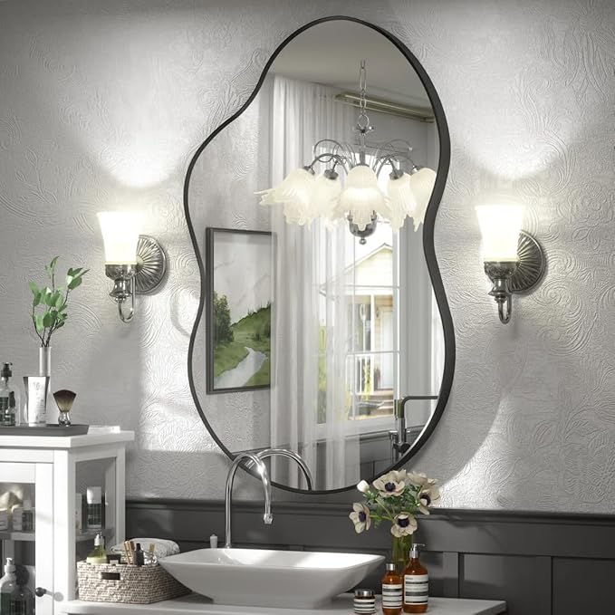 24x36 Inch Black Irregular Matte Bathroom Mirror, Black Asymmetrical Mirror for Wall Decor, Aluminum Alloy Frame, Shatterproof, Anti-Rust(Horizontally/Vertically)