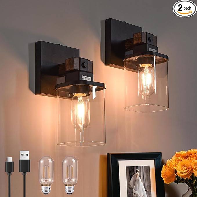 Battery Operated Wall Sconce 2-Pack Farmhouse Battery Wall Sconces Set of Two Rechargeable Lamp, Wireless Cordless Light for Bedroom