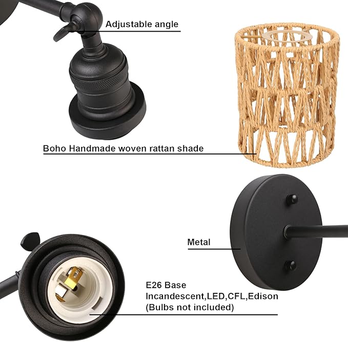 Yosoan Rattan Boho Wrapped Wall Sconce Light, Indoor Hardwired Hand-Woven Farmhouse Vintage Wall Lamps, Brass Handmade Braided Rope Small Straight Shade Wall Mount Fixture for Reading Hallway(Black)