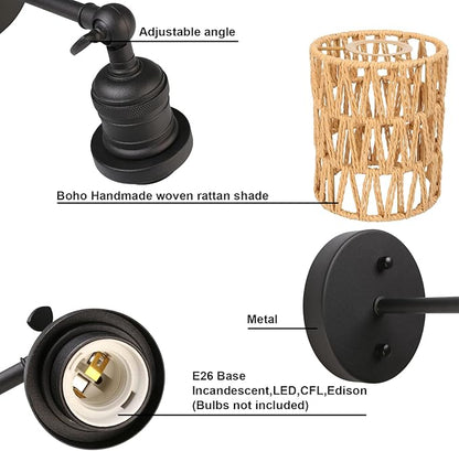 Yosoan Rattan Boho Wrapped Wall Sconce Light, Indoor Hardwired Hand-Woven Farmhouse Vintage Wall Lamps, Brass Handmade Braided Rope Small Straight Shade Wall Mount Fixture for Reading Hallway(Black)