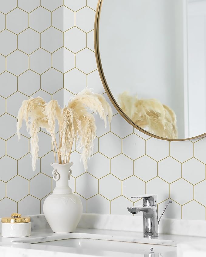 Peel and Stick Wallpaper Gold Geometric White Hexagon Wallpaper Contact Paper 17.3”×78.7”Self Adhesive Wallpapers Removable for Bedroom Decorative Shelf Drawer Liner Roll Waterproof