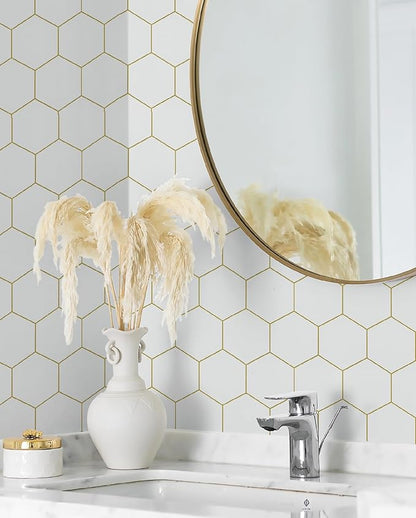 Peel and Stick Wallpaper Gold Geometric White Hexagon Wallpaper Contact Paper 17.3”×78.7”Self Adhesive Wallpapers Removable for Bedroom Decorative Shelf Drawer Liner Roll Waterproof