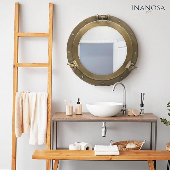 10 Inch Antique Brass Porthole Mirror – Boat Frame Port Hole Decor, Vintage Nautical Ship Mirror for Coastal Wall & Antique Decor