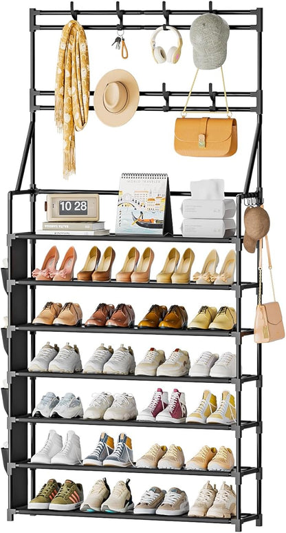 OYREL Shoe Rack 7 Tier Sturdy Shoe Racks for Closet Shoes Organizer for 28-35 Pairs Large Capacity Shoe Storage Rack with Multifunctional 5 Hooks and Side Pocket for Entrance Entryway