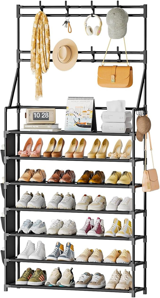 OYREL Shoe Rack 7 Tier Sturdy Shoe Racks for Closet Shoes Organizer for 28-35 Pairs Large Capacity Shoe Storage Rack with Multifunctional 5 Hooks and Side Pocket for Entrance Entryway