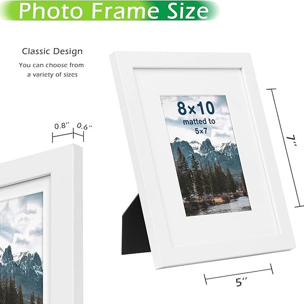 FrameWorks 8x10 mat to 5x7 Classic Wooden Picture Frames Tempered Glass/White / 6-Pack