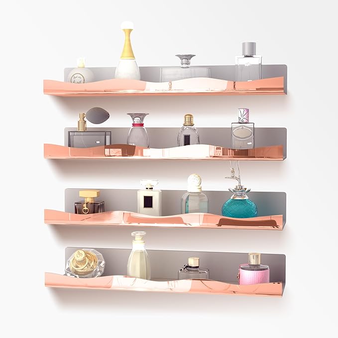 YMVV 15.7 in Large Rose Golden Reflective Acrylic Mounted Floating Shelf, Perfume Organizer Shelf, Modern Bathroom Storage Toy Display Organizer Decor 4 Pack