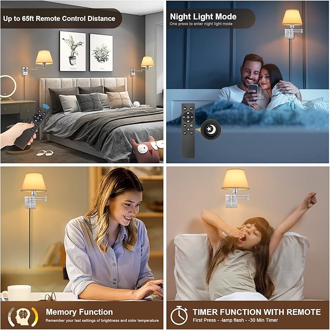 TRLIFE Wall Sconces Plug in, Remote Control Dimmable Wall Sconce and Adjustable Color Temperature 2700K-6500K, Swing Arm Wall Lights with Plug in Cord, 9.4