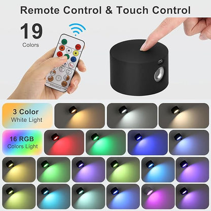 Lightess Rechargeable Wall Lights with Remote, 5000mAh Battery Operated Wall Sconce Set of 2, 19 Colors Dimmable Wall Mount Light, 360° Rotation Cordless Wall Lamps for Bedroom Bedside Hallway, Black