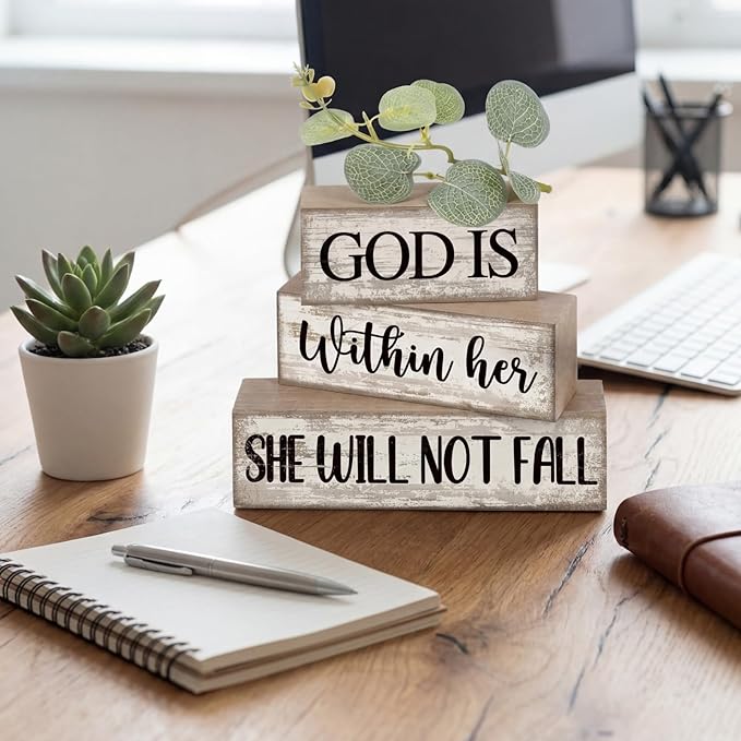 4 Pcs Christian Table Decor Inspirational Religious Gifts for Women God Is Within Her Bible Verse Wooden Block Signs Gift Farmhouse Christian Centerpiece for Mother's Day Home & Office