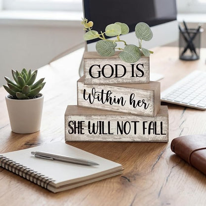 4 Pcs Christian Table Decor Inspirational Religious Gifts for Women God Is Within Her Bible Verse Wooden Block Signs Gift Farmhouse Christian Centerpiece for Mother's Day Home & Office