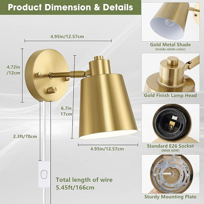 Dimmable Wall Sconces Plug in, Adjustable Angle Wall Lamps with Plug in Cord and Dimmer On/Off Knob Switch, Gold Wall Light with Metal Shade for Bedroom Bedside Doorway (2 Bulbs Included)