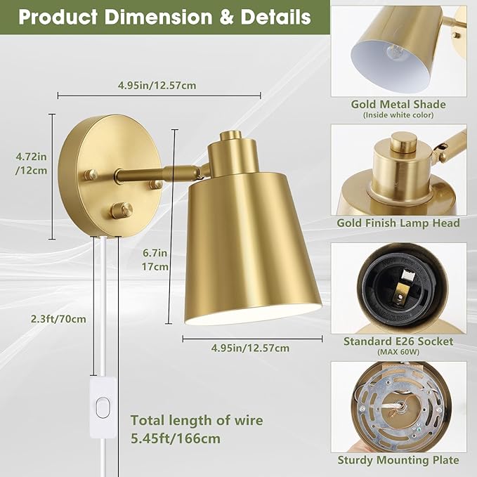 Dimmable Wall Sconces Plug in, Adjustable Angle Wall Lamps with Plug in Cord and Dimmer On/Off Knob Switch, Gold Wall Light with Metal Shade for Bedroom Bedside Doorway (2 Bulbs Included)