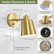 Dimmable Wall Sconces Plug in, Adjustable Angle Wall Lamps with Plug in Cord and Dimmer On/Off Knob Switch, Gold Wall Light with Metal Shade for Bedroom Bedside Doorway (2 Bulbs Included)