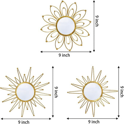 Mirror Wall Decor Gold Mirrors for Wall Metal Sunburst Mirrors Home Decoration Wall Art Decorative Mirror Suitable for Living Room Bedroom Entrance Set of 3
