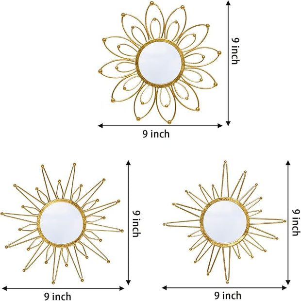 Mirror Wall Decor Gold Mirrors for Wall Metal Sunburst Mirrors Home Decoration Wall Art Decorative Mirror Suitable for Living Room Bedroom Entrance Set of 3