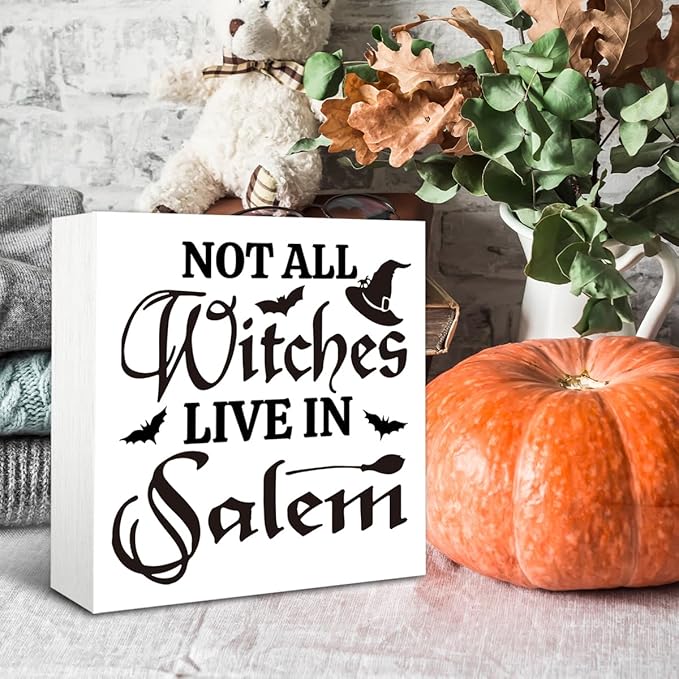 Rustic Halloween Box Sign Decor Tabletop, Halloween Party Decorations for Haunted House, Farmhouse Decor, Kitchen Decoration for Shelf, Not Every Witch Lives in Salem Sign Wooden Plaque 5 * 5inch