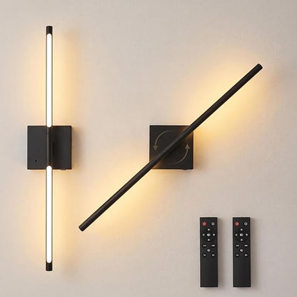 Battery Operated wall Sconce Set of 2 Rechargeable Wireless Cordless 12000ma 360° Rotation Large wall Lights lamp Modern Decor Linear Long Metal Black 28"