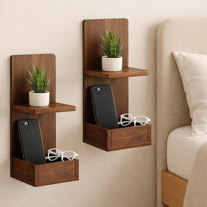 2-Tier Walnut Floating Wall Shelf, 20x8x6 Wall-Mounted Wooden Beside Shelf/Nightstand for Home Décor, Plants, Cosmetics, Bathroom, Kitchen, Bedroom Storage (Walnut with Box)