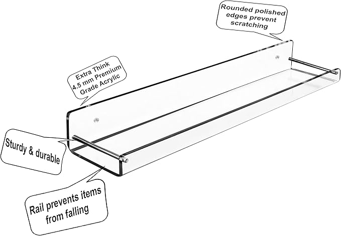 AMT 3 Pack Acrylic Floating Shelves, 15" L x 3.25" W, Clear Bathroom Wall Shelf, Bookshelves, Invisible Display for Office, Bedroom, Small Gap Allows Water to Escape, Free Screws & Drill Bit (Medium)