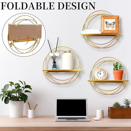 3 Pcs Gold Floating Shelves Wall Mounted Hanging Shelf with Gold Metal Wire and Wood, Foldable Round Shelf Wall Decor for Storage Bedroom Bathroom Living Room Kitchen Office Home Decoration