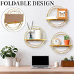 3 Pcs Gold Floating Shelves Wall Mounted Hanging Shelf with Gold Metal Wire and Wood, Foldable Round Shelf Wall Decor for Storage Bedroom Bathroom Living Room Kitchen Office Home Decoration