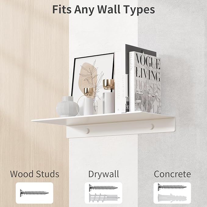 Danpoo Small Floating Shelf for Wall Storage, Mini Display Shelf for Collectibles, Metal Wall Shelf for Bathroom/Living Room/Kitchen/Bedroom(White, 8")