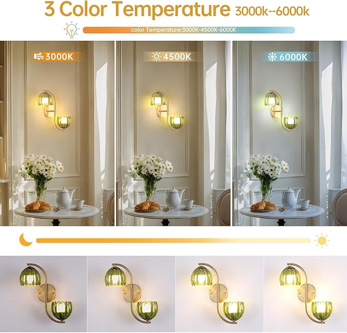 Battery Operated Wall Sconce, 2-Lights Vinatge Brass Wall Lighting Up and Down with Green Tulip Shade for Living Room, Bedroom