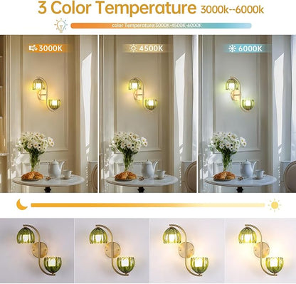 Battery Operated Wall Sconce, 2-Lights Vinatge Brass Wall Lighting Up and Down with Green Tulip Shade for Living Room, Bedroom